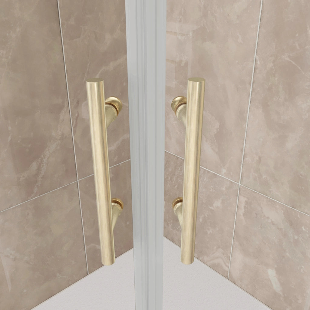Box Doccia Semicircolare 90X90 cm H.190 Oro Spazzolato Porta Scorrevole Vetro 6 mm Trasparente Anticalcare, Piatto Doccia Bianco