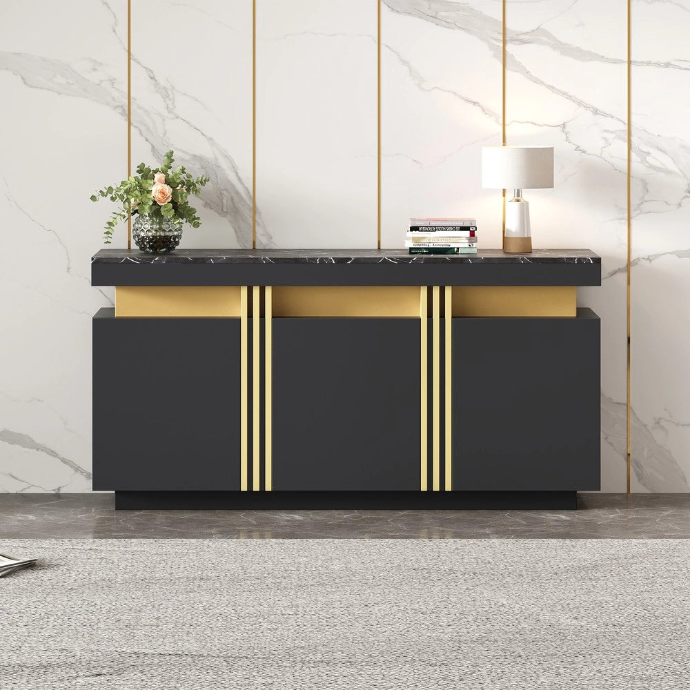 Credenza Moderna ¨C MINIMAL ¨C Nero e Oro, 3 Ante, Ripiani Regolabili, 140x38x70 cm
