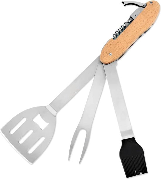 Set di barbecue, multitool in acciaio inossidabile, pieghevole, con spatola, set di accessori da barbecue, set di forchette da carne, apribottiglie, set di posate da barbecue, accessori da barbecue multifunzionali
