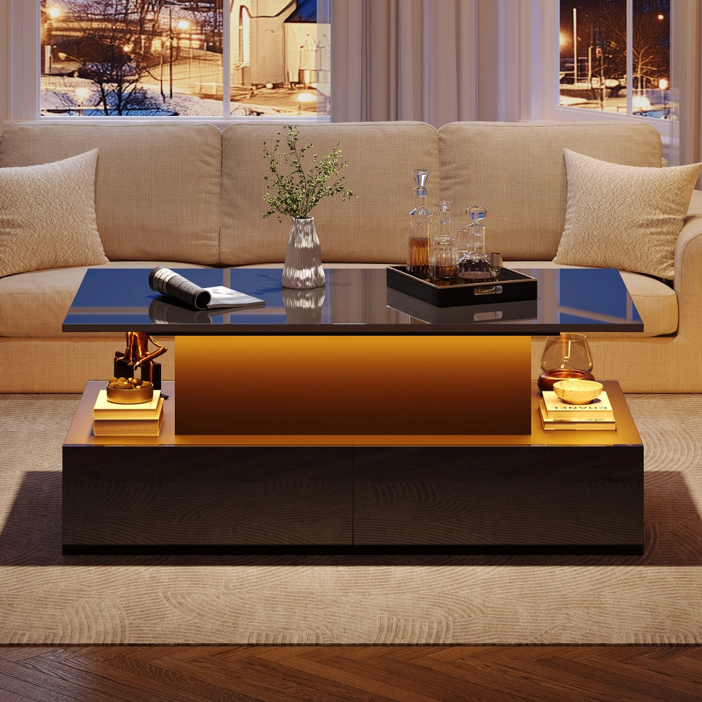 Tavolino da Salotto con 4 Cassetti e LED USB; Piano Superiore Scorrevole Estraibile; Nero Lucido Moderno; in Pannello di Truciolare; 90×55×41 cm; Nero