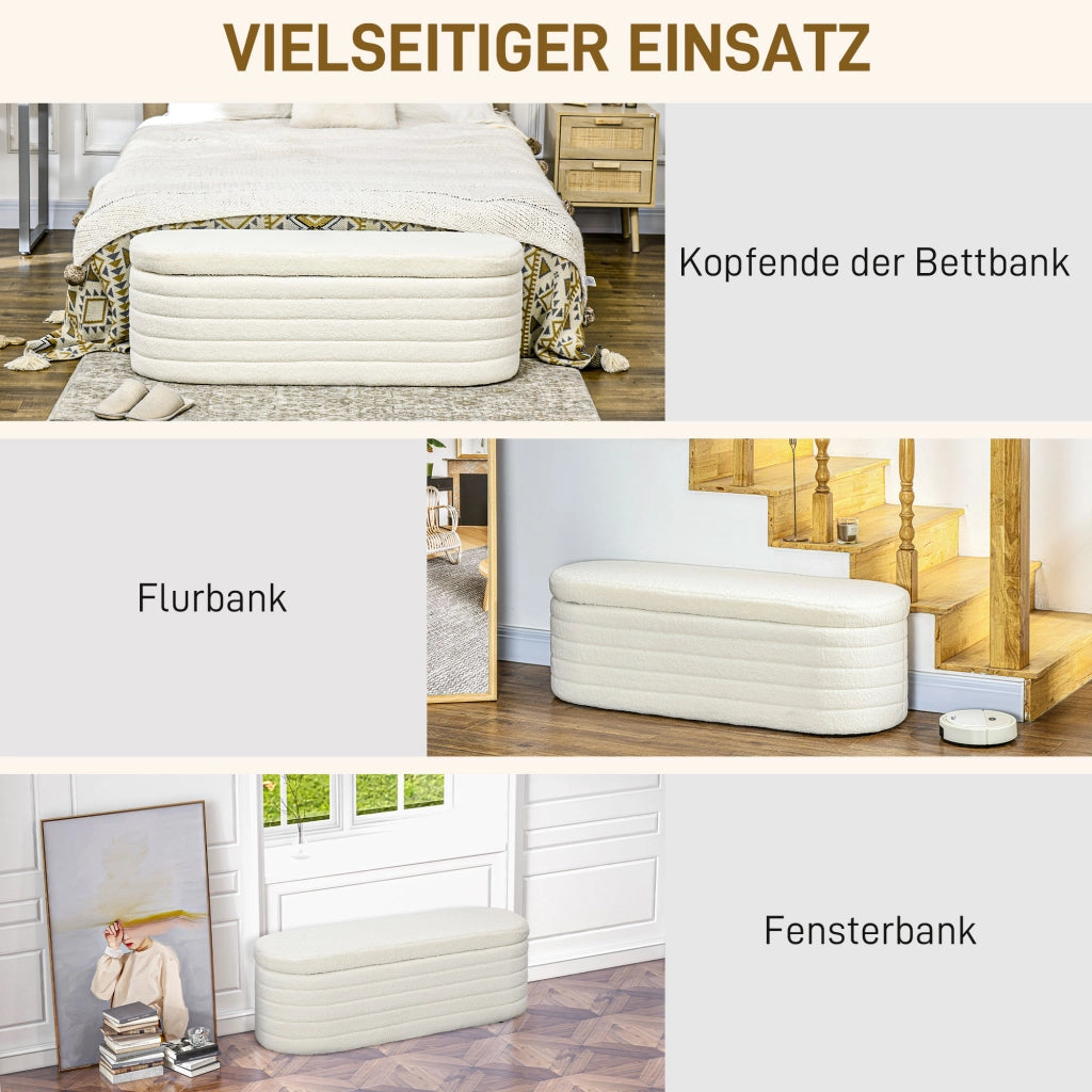 Panca da letto con contenitore in poliestere effetto teddy e gambe in legno bianco crema 116 × 41 × 40,5 cm