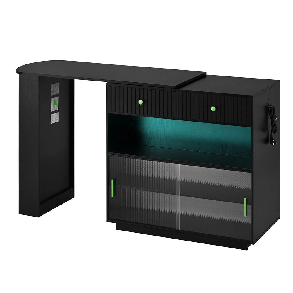 Tavolo bar estensibile girevole 360¡ã - Xylo - LED, spazio di archiviazione, buffet reversibile con pannello forato e prese elettriche, nero