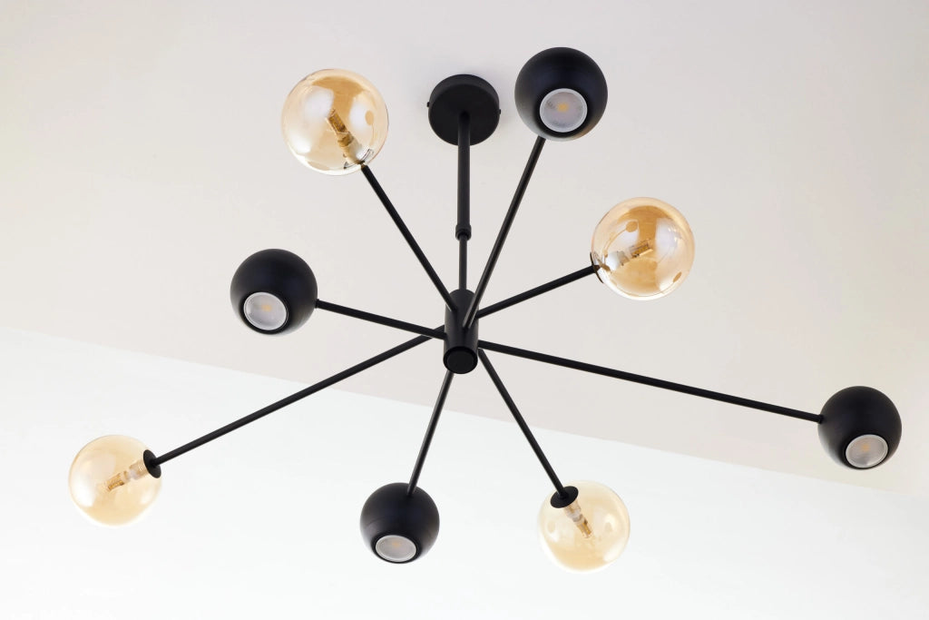 Lampadario moderno nero sfere vetro ambra 8 luci Jupiter