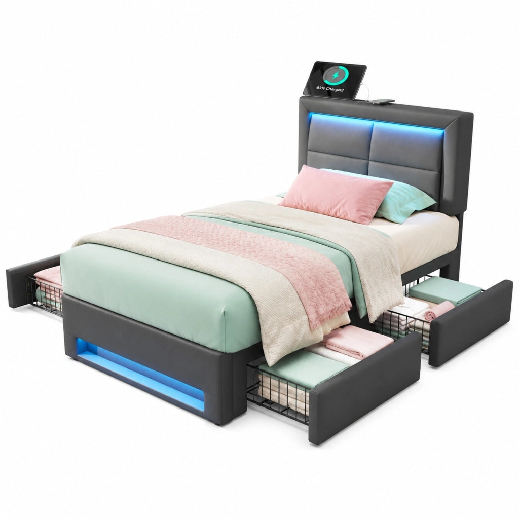 Letto imbottito 90x200 cm in PU grigio con USB, LED e 4 cassetti, senza materasso
