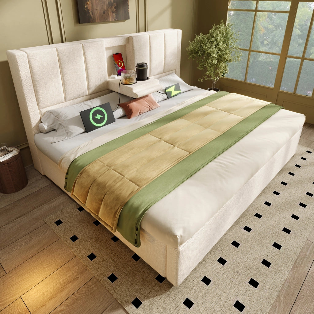 LETTO Contenitore 160x200 cm in lino beige con USB e portabicchieri