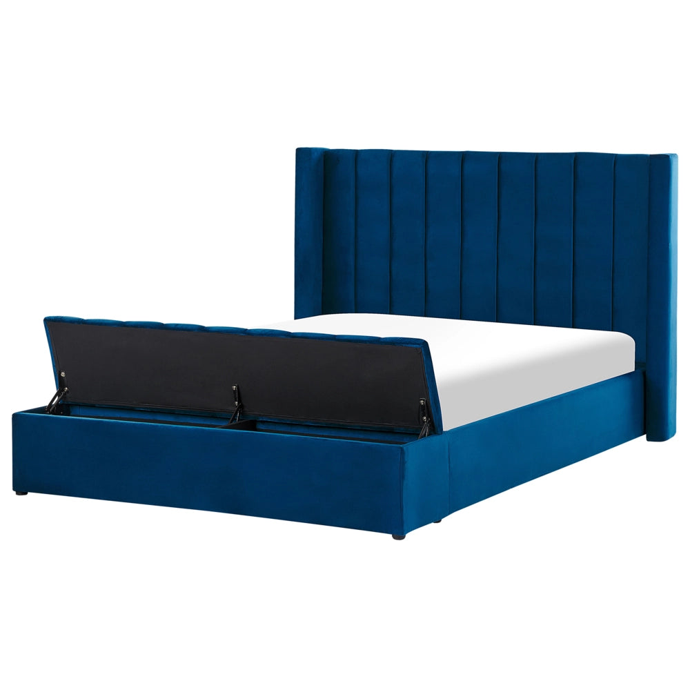 Letto matrimoniale ad acqua in velluto blu marino con cassapanca 160 x 200 cm moderno glam morbido materasso camera da letto