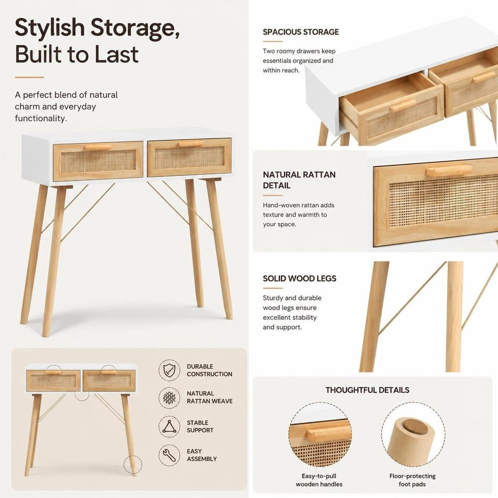 Console Table, White, 80x30x75 Cm, Solid Pine Wood, Natural Rattan