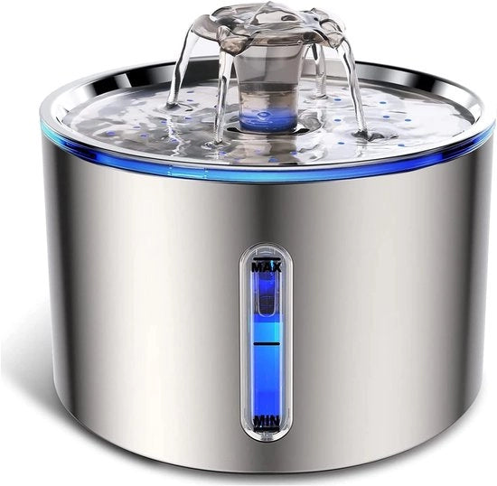 Fonteino per Animali - 2,5L - Silenzioso - Con Indicator di Livello dell'Acqua e LED - Acciaio Inossidabile 304 - Incluso Sistema di Filtraggio