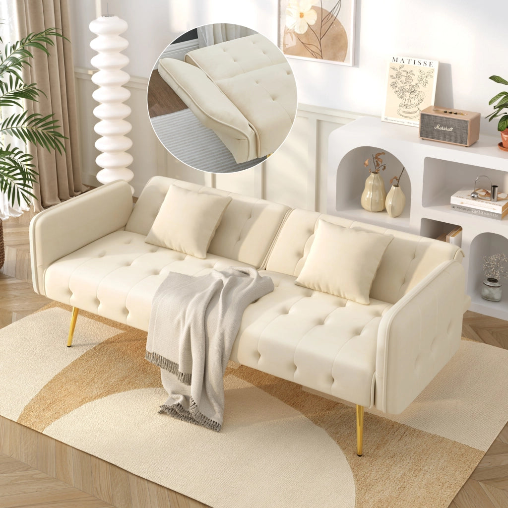 Divano letto 2 posti con schienale regolabile e braccioli multi-posizione, Velluto Beige