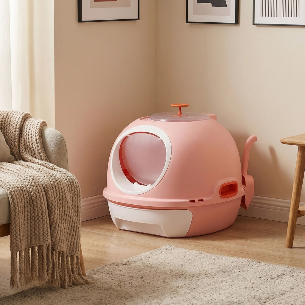 Lettiera per gatti con coperchio stile elicottero  frontale uscita ribalta-Toilette per gattini cassetto portatile piccoli medi fino a 10 kg Rosa