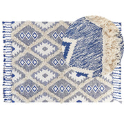 Tappeto in cotone con nappe di colore beige e blu 140 x 200 cm soggiorno camera da letto