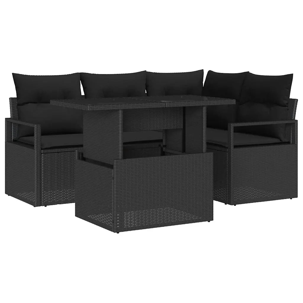 Set Divano da Giardino con cuscino 5 pcs Nero Poly Rattan 3357556
