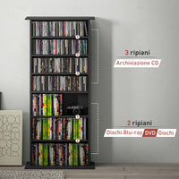 Libreria Porta CD e DVD 58x24x124,5 cm con 6 Ripiani Regolabili Nero