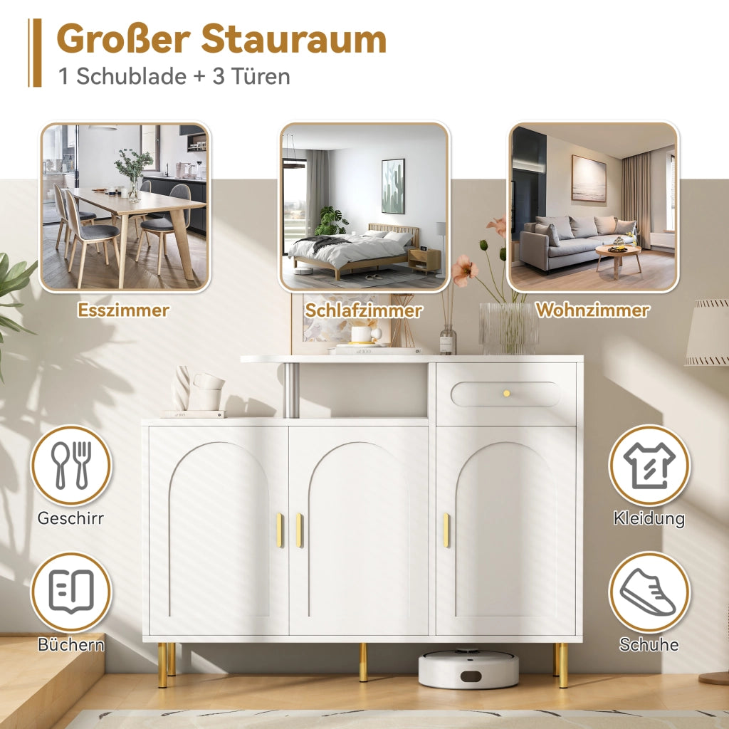 Credenza e madia con 1 cassetto e 3 ante, maniglie in metallo, per soggiorno e ingresso, bianco, 120 × 35 × 92 cm