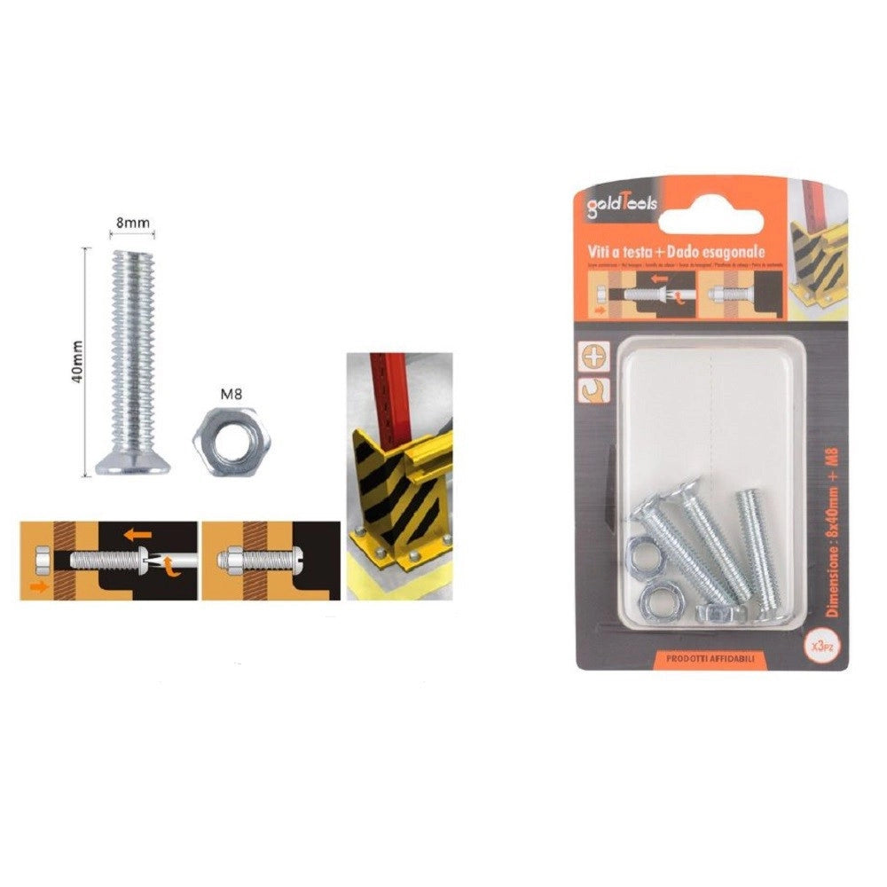 Trade Shop - Set 3 Pezzi Viti Vite Testa A Croce Piatta 8 X 40 Mm Con Dado Esagonale M8 90949 -