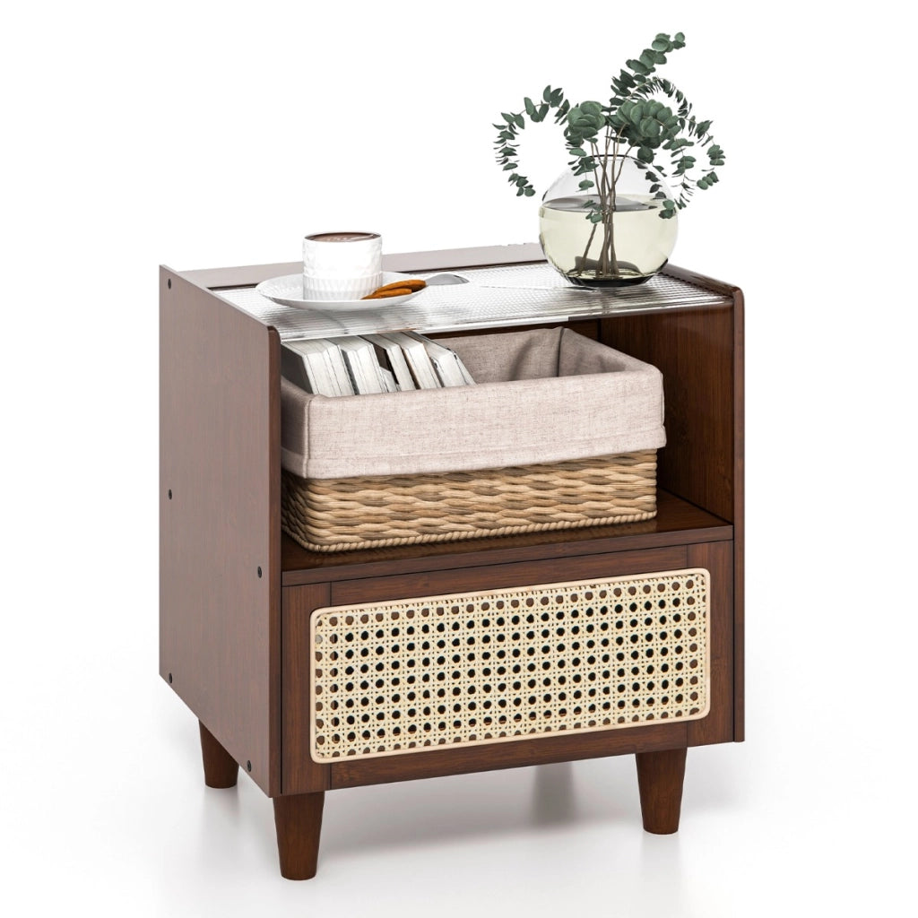 Comodino in bamb¨´ e rattan con cassetto e gambe in legno massello, Tavolino da salotto boho 43x35x50cm Marrone 1 Pezzo-Comodini