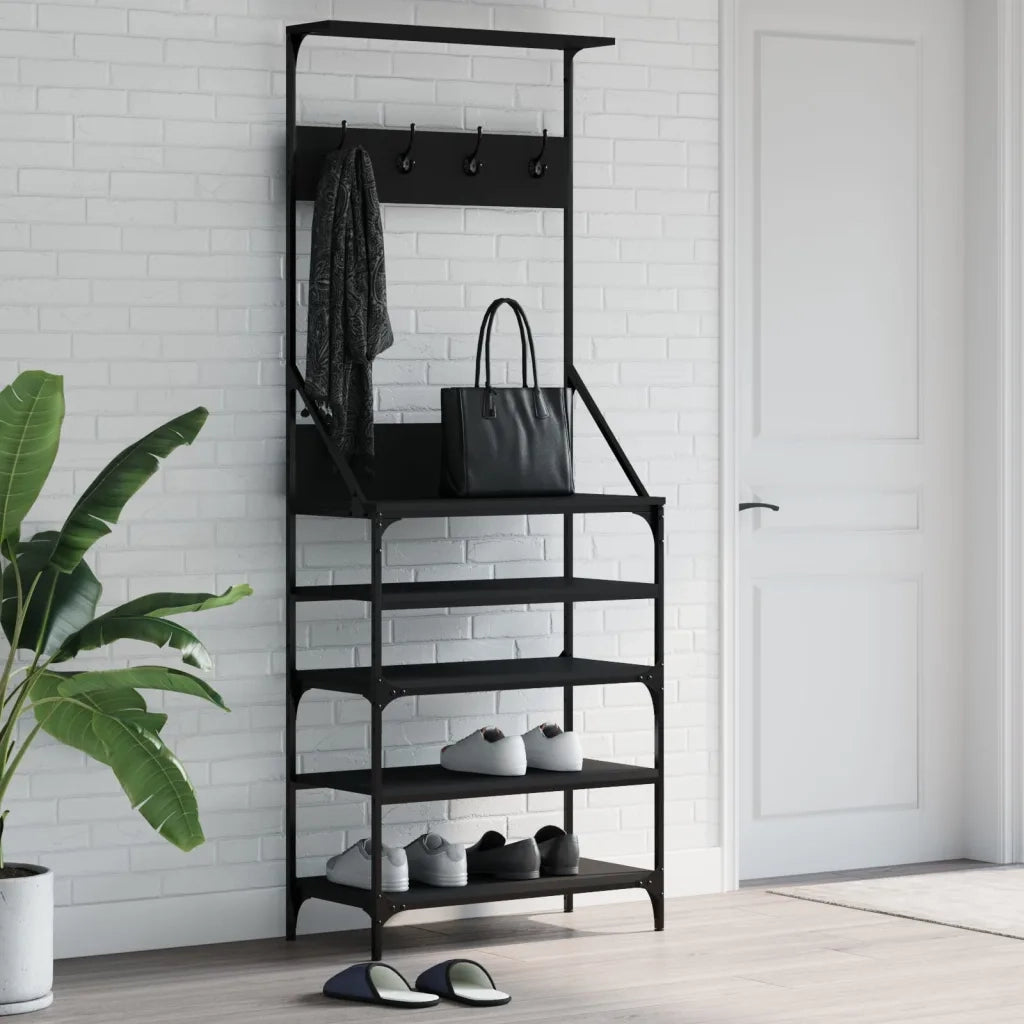 Appendiabiti con Porta Scarpe-Scarpiera con Appendiabiti Nero 70x34x184 cm