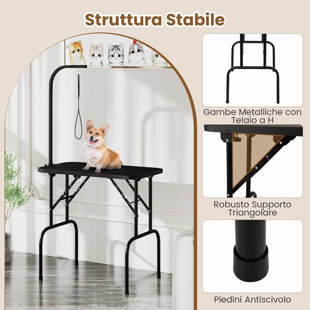 Tavolo Toelettatura e Tosatura per Animali, Accessori Pieghevole per Toilette per Cani con Bracci Regolabili in Altezza,Cappio e Piano Antiscivolo, Portata 100 kg (80,5 x 46 x 146 cm)