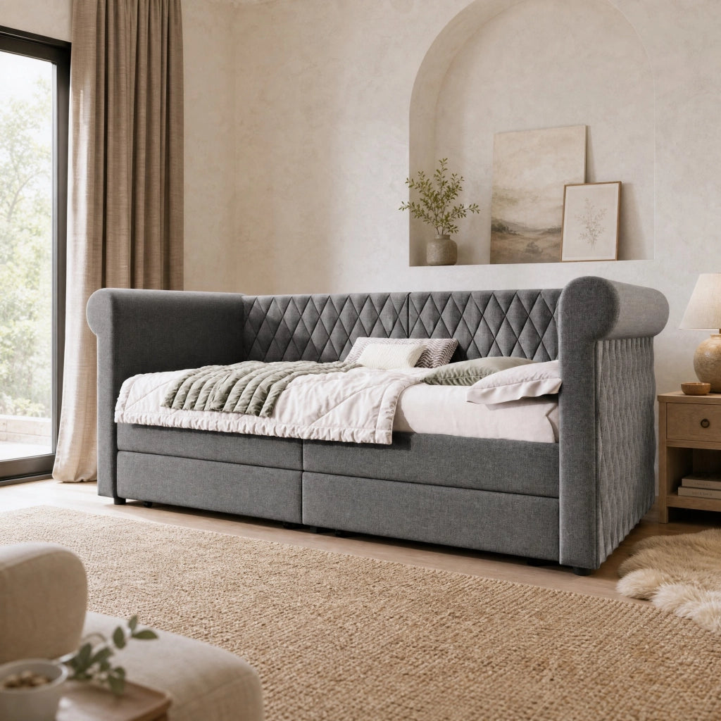 DESMIU Letto divano 90 × 200 cm 1 posto con 2 cassetti e schienale curvo, senza materasso, in lino, grigio