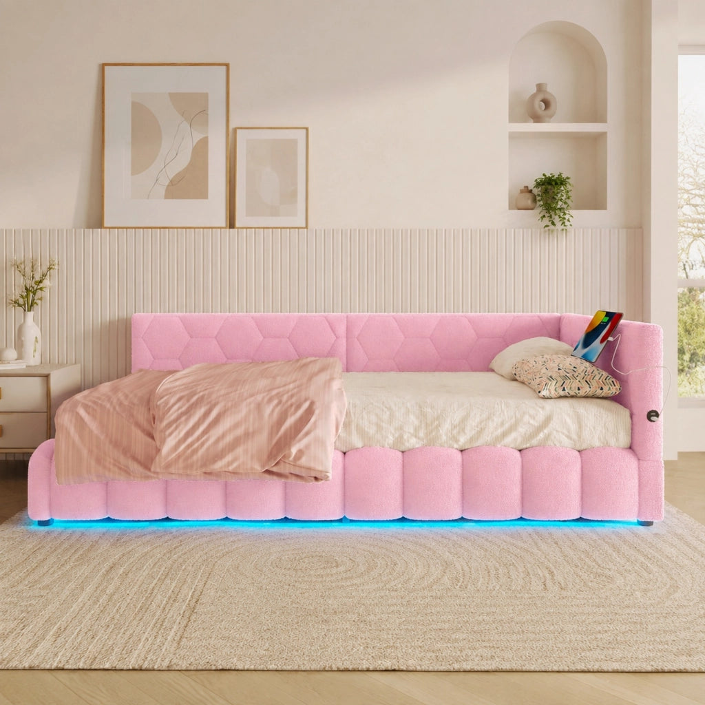 Letto da giorno 90x200 cm con rete a doghe; sollevamento idraulico; LED; USB e Tipo-C; rosa