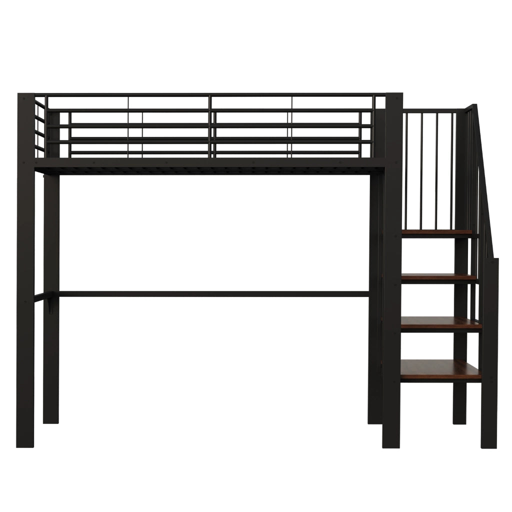 Letto a soppalco 90 x 200 cm in metallo con scala integrata e spazio contenitore sotto il letto, colore nero