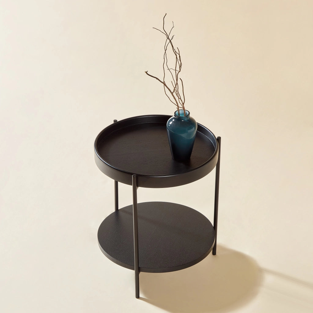 TAVOLINO DA CAFFÈ rotondo a 2 ripiani Ø69x38 cm nero in legno massello e MDF