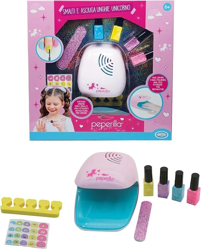 PEPERILLA - SMALTI E ASCIUGA UNGHIE UNICORNO
PLAY SET CON LIMA, SEPARATORE, ADESIVO E SMALTI