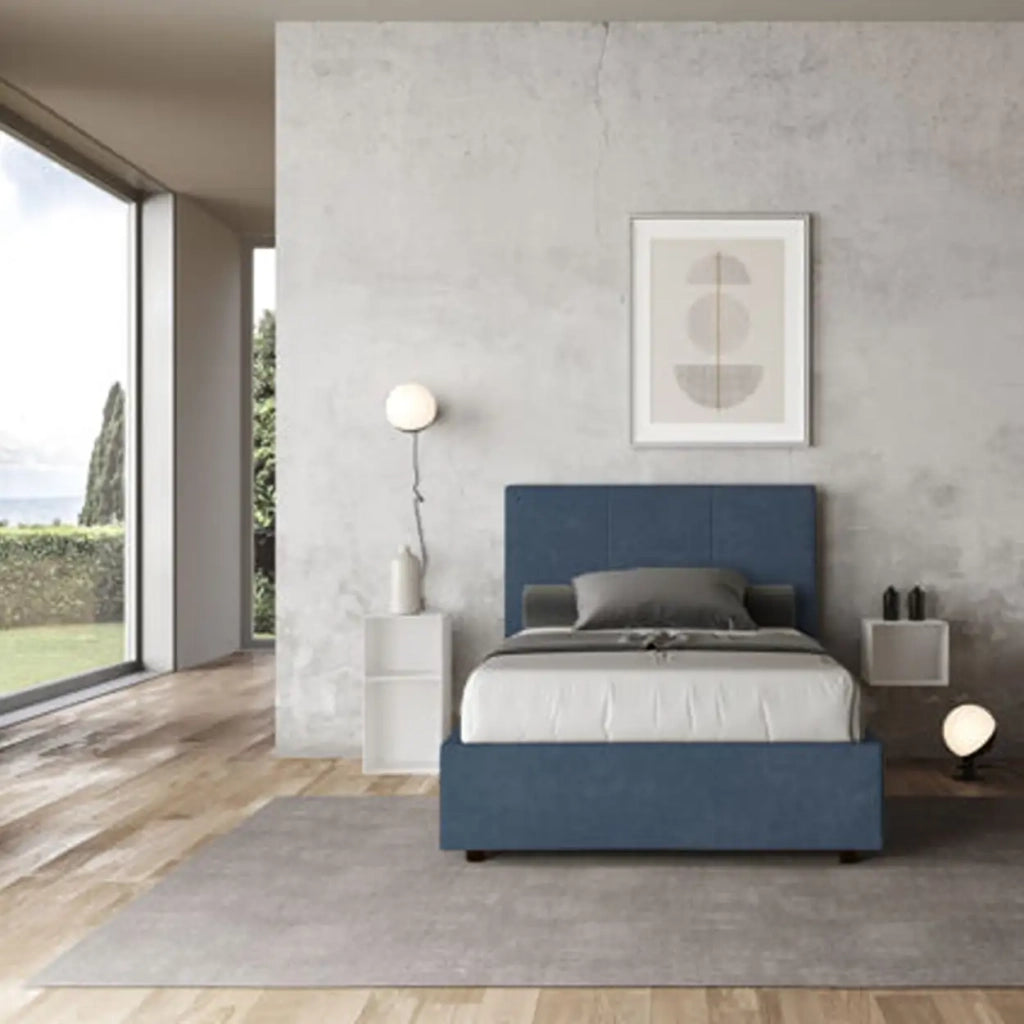 Letto una piazza e mezza senza rete imbottito 120x210 microfibra blu Mika
