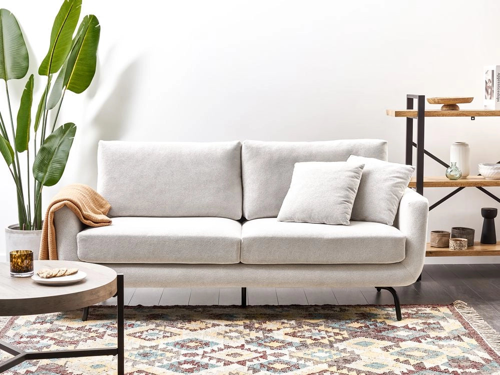 Divano a 3 posti in tessuto bianco sporco con gambe nere stile retro imbottito