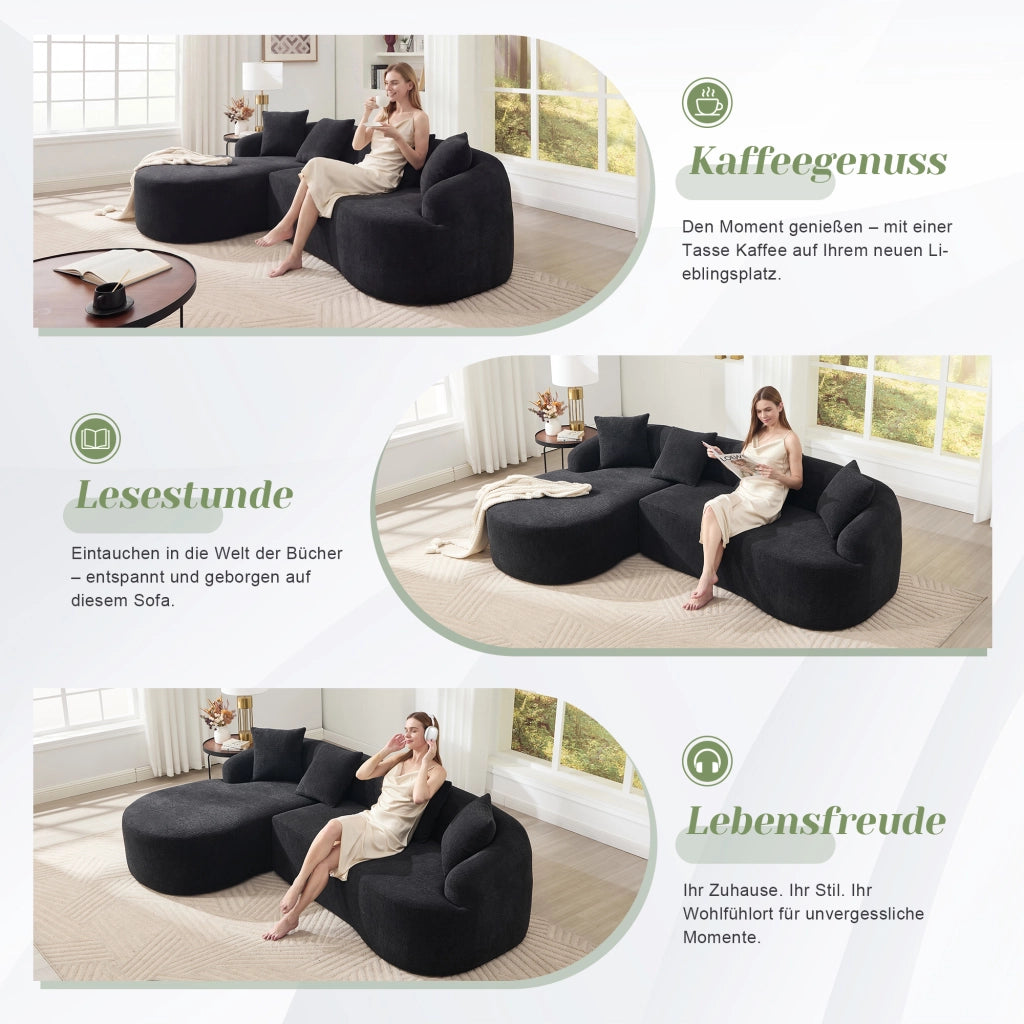 Divano modulare 3 posti con chaise longue sinistra e design curvo in chenille nera per soggiorno