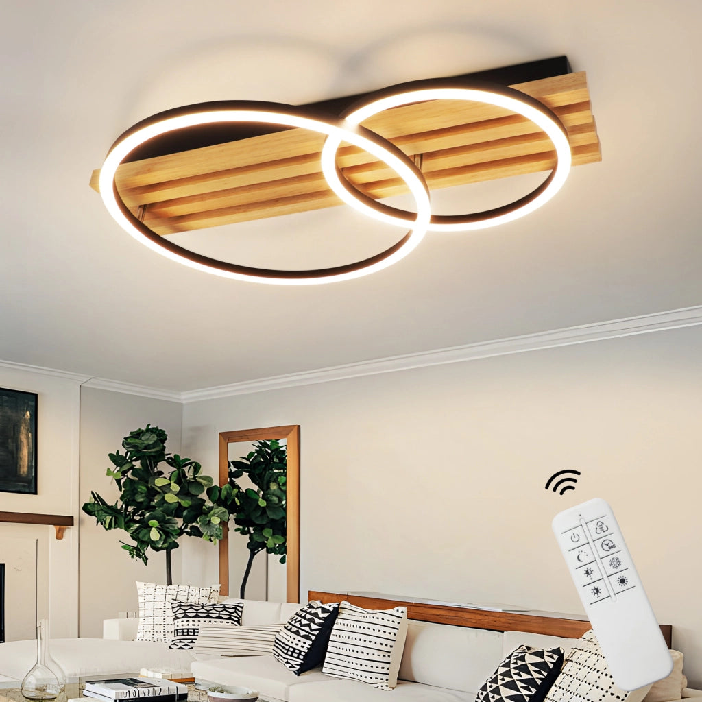 ZMH Lampada da soffitto LED in legno dimmerabile 55 cm 36W 2 anelli design geometrico telecomando per camera letto