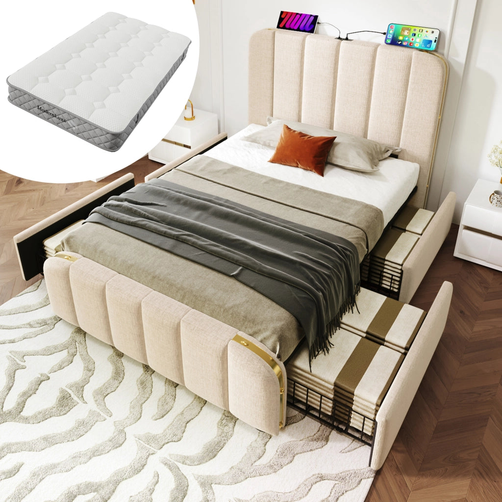 Letto singolo – 90x200 cm – USBC 4 cassetti con materasso – lino beige