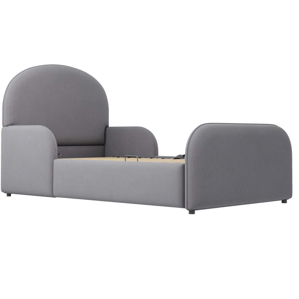 Letto imbottito 90x200 cm con contenitore idraulico; testiera alta in velluto grigio