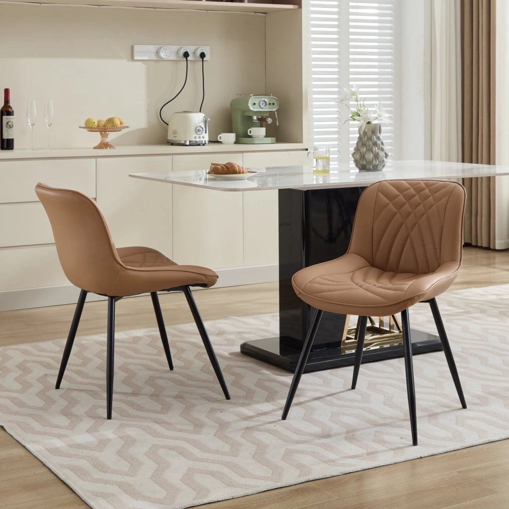 Sedia da pranzo, set da 2, ecopelle, motivo trapuntato 3D, gambe in metallo, marrone