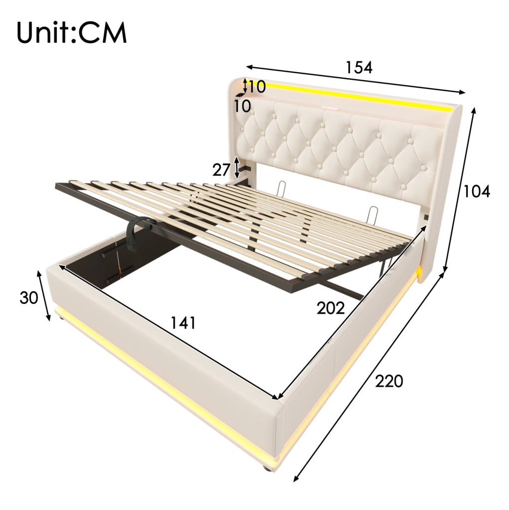 Letto matrimoniale 140x200 cm con LED, USB-C e materasso