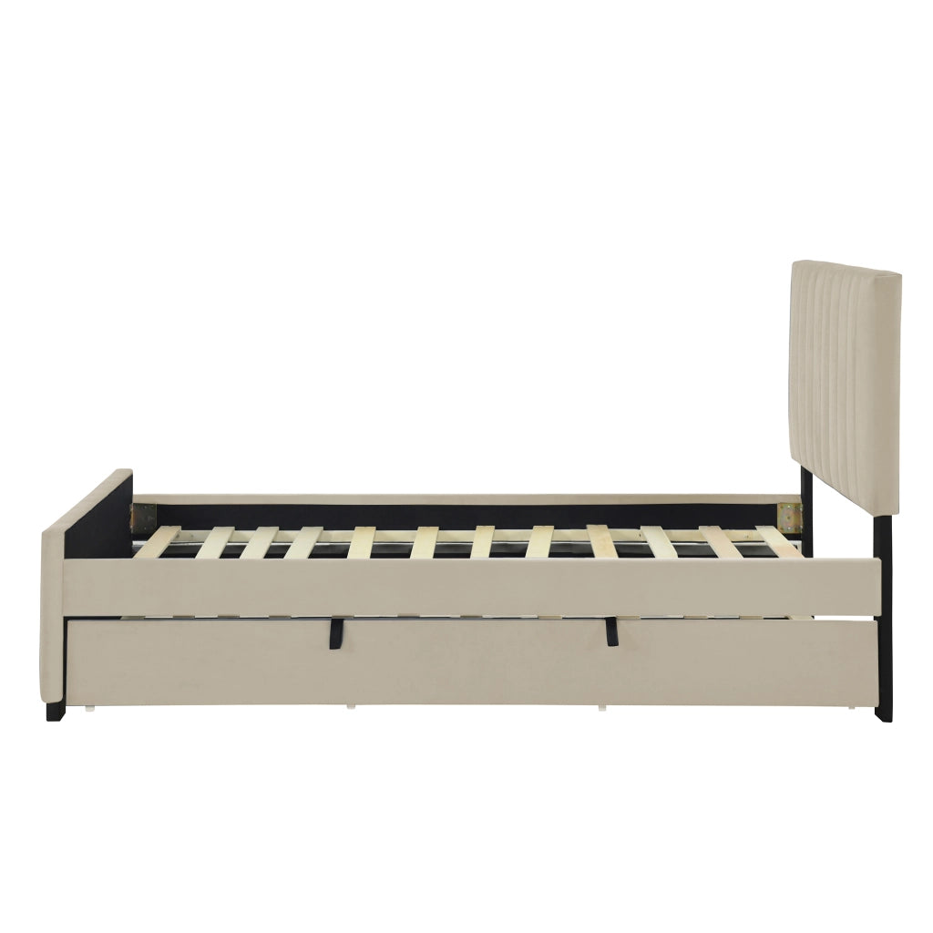 OKWISH Letto Estraibile 90×190 cm, Letto Singolo con Testiera Imbottita, Senza Materasso, in Velluto, Beige