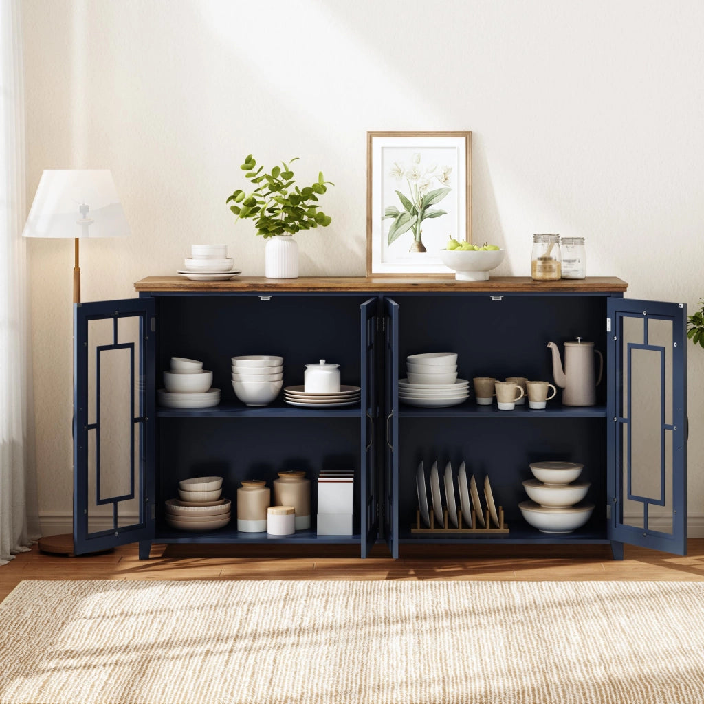 Credenza e madia con ante in vetro, 2 vani, piano effetto legno, in MDF, per cucina e soggiorno 160 × 40 × 86 cm