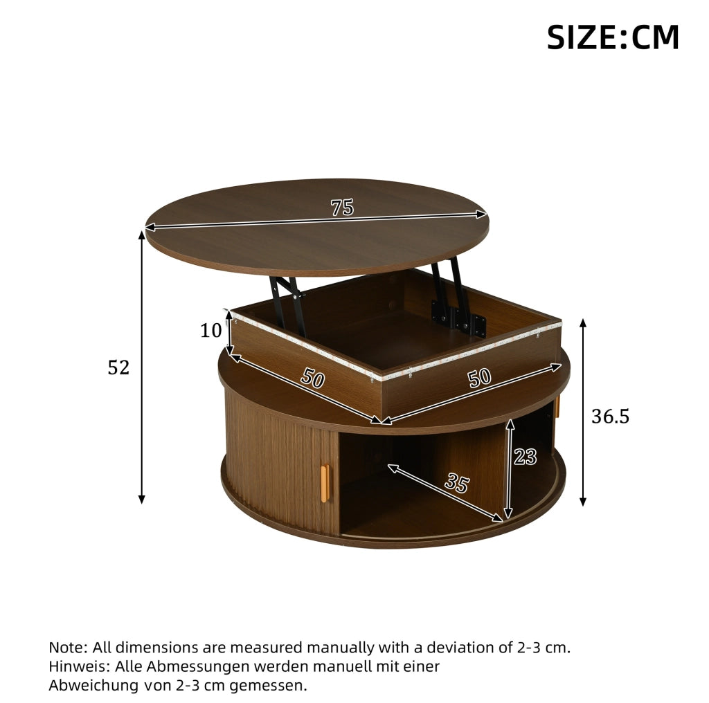 Tavolino da caffè rotondo regolabile in altezza con LED; 75 cm; MDF; color noce