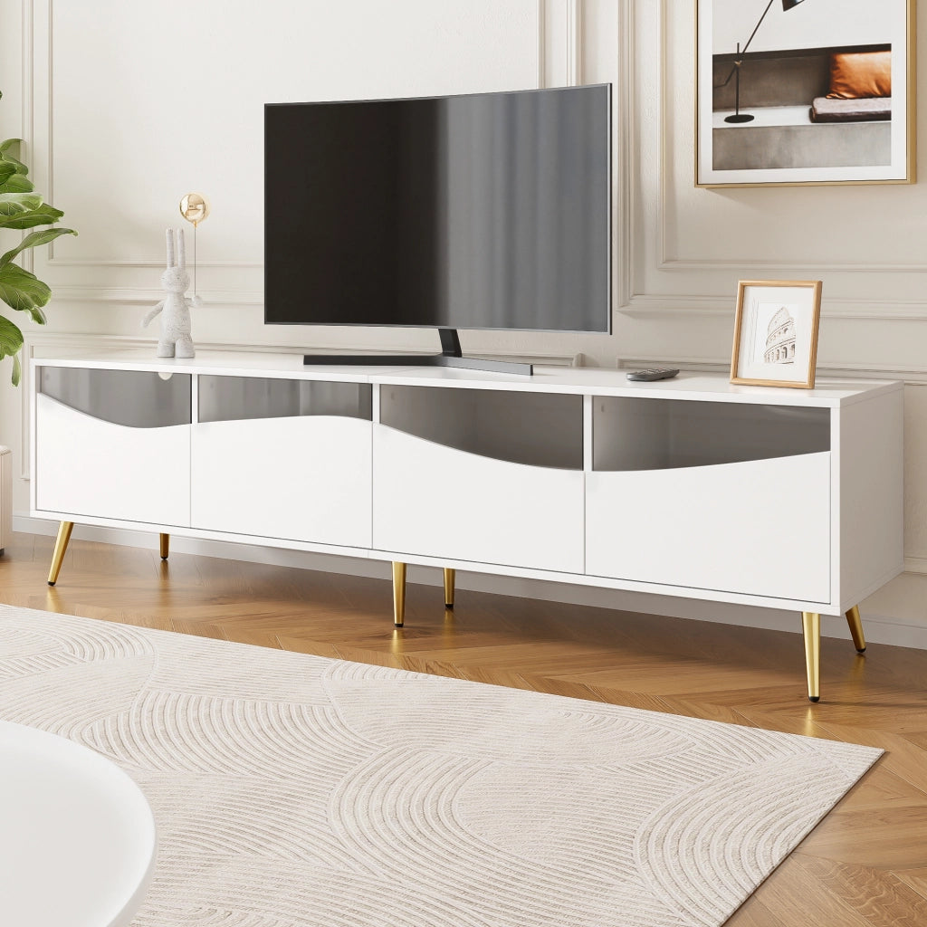 OKWISH Mobile TV con Vani Contenitori, LED e Passacavi, Frontali in Vetro, per Soggiorno, MDF, Bianco, 180 x 40 x 50 cm