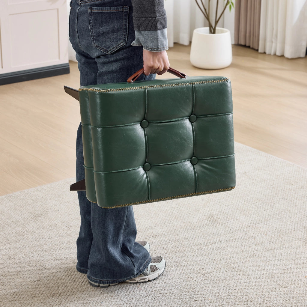 Pouf multifunzione per cambio scarpe con maniglia, piedini antiscivolo e gambe in acciaio in pelle PU verde