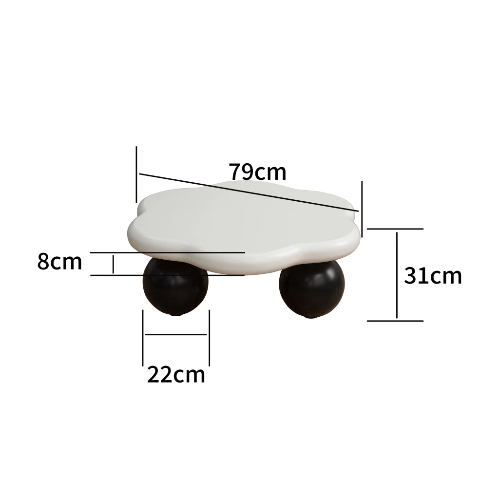 Tavolino basso a nuvola bicolore con gambe sferiche, MDF, per soggiorno e piccoli spazi, bianco nero, Ø 80 × 35 cm