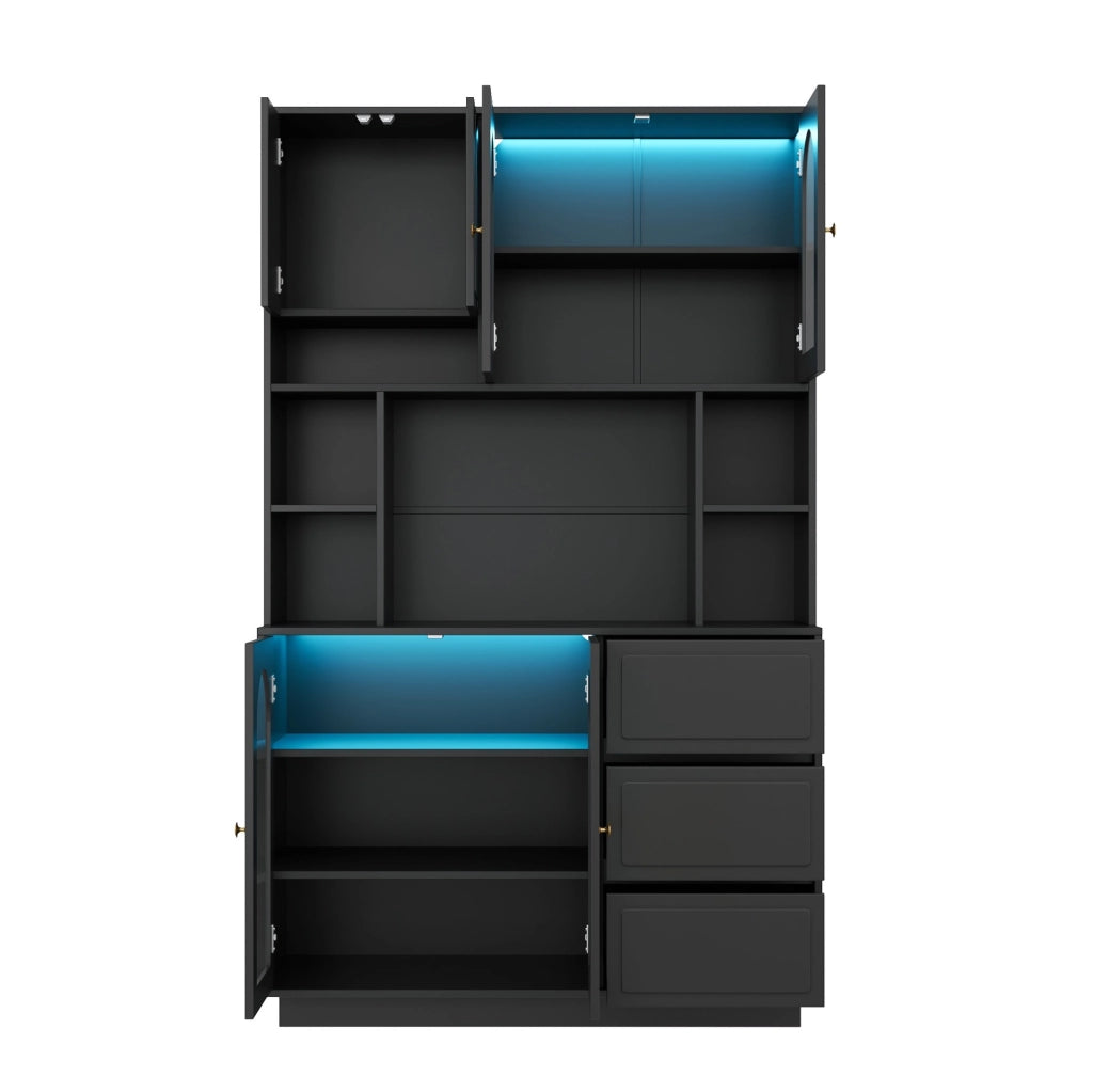 Credenza alta 106x30x175 cm in MDF nero con ante in acrilico e LED controllabili tramite app