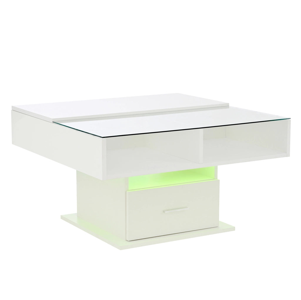 Tavolino da caffè sollevabile 78x78x45,5/59,5 cm bianco con LED e contenitore