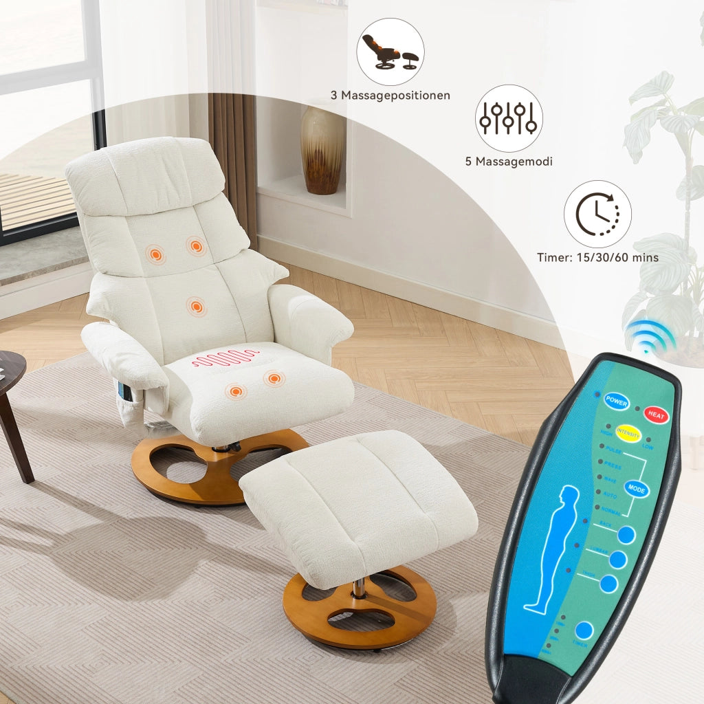 Poltrona relax girevole 360° con massaggio a 5 punti e funzione riscaldante con poggiapiedi e tasca in schiuma e chenille bianca