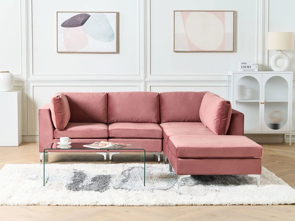 Divano componibile ad angolo versione sinistra a 4 posti in velluto rosa con gambe in metallo argentato a forma di L ottomana Stile glamour