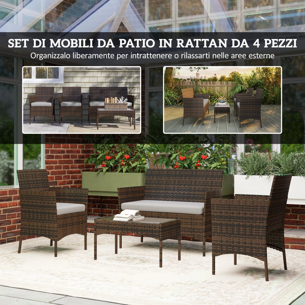 Set da Giardino con Divano 2 Posti 2 Sedie e Tavolino Basso in Rattan e Acciaio Grigio e Marrone