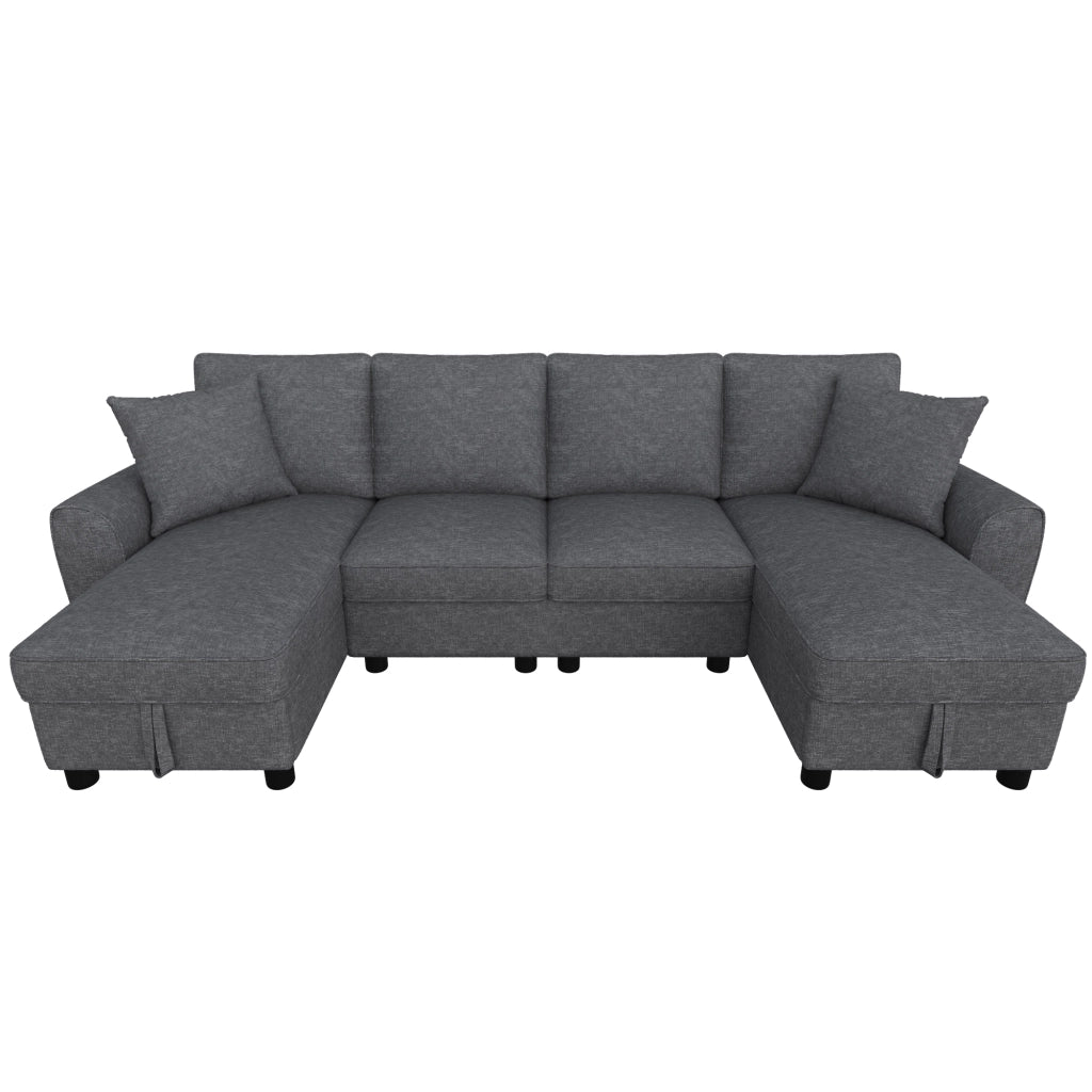 Divano modulare a U con chaise longue contenitore e cuscini in chenille grigio