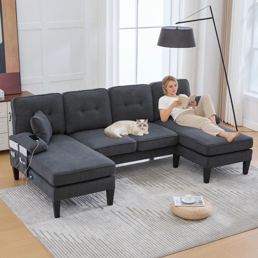 Divano a U a 4 posti in tessuto di lino con tasche laterali, porte USB tipo C e due chaise longue, grigio scuro