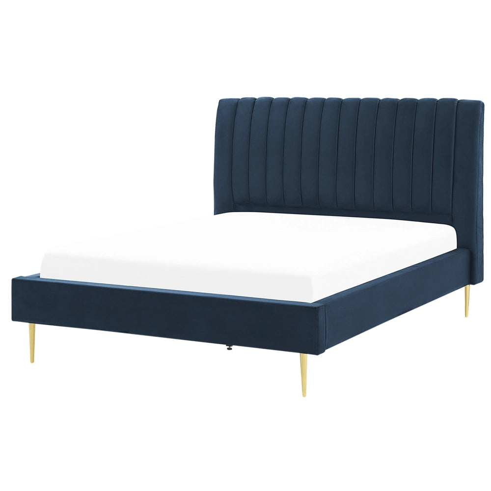 Letto imbottito velluto blu scuro e oro rete a doghe testiera alta 140 x 200 cm testata alta design retrò