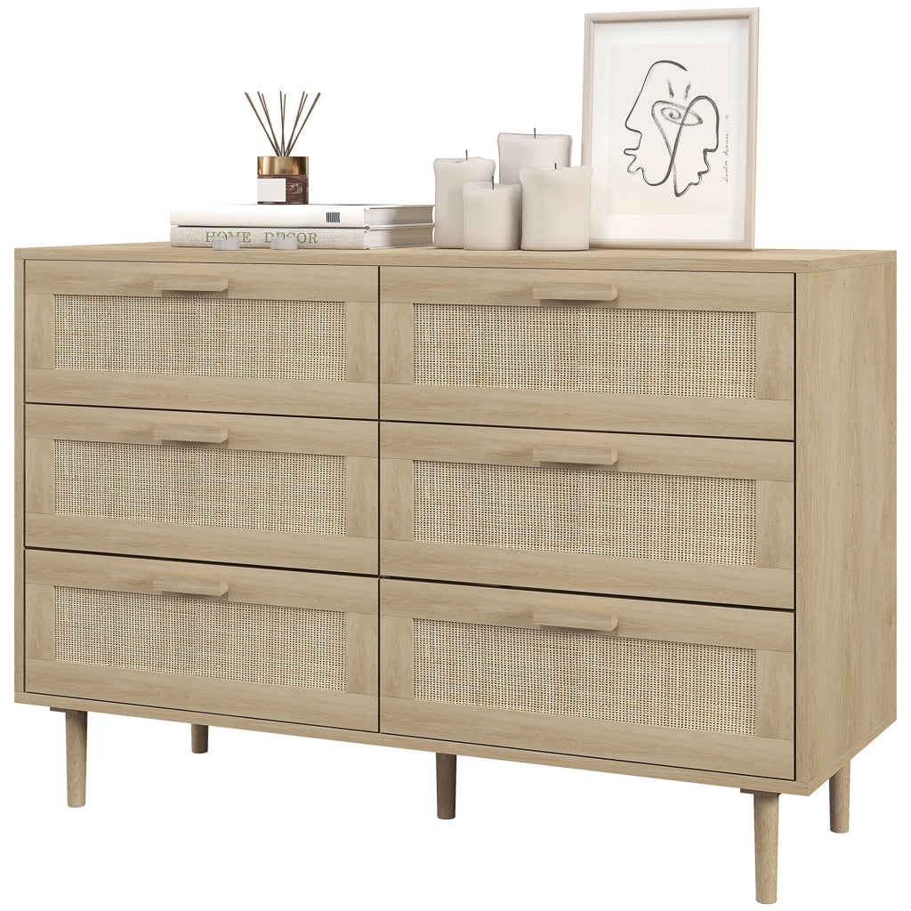 Cassettiera 6 Cassetti Stile Boho per Soggiorno e Camera da Letto 110x40x75 cm in Legno e Rattan Naturale
